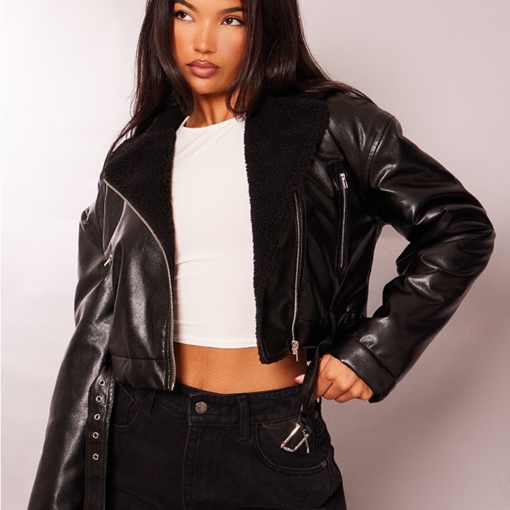 Vegan black leather motorcycle belted shearling jacket
